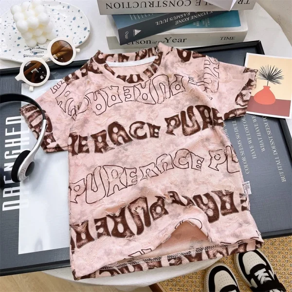 2025 Summer New Boys' Short Sleeve Ripped Fashion T-Shirt High Casual Top for Big Kids Polo Shirts Stripe Cartoon - Image 4