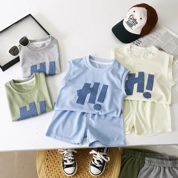 New Baby Summer Sleeveless Waffle Shorts Vest Suit for Boys Casual Style with Letter Pattern Children's Clothing