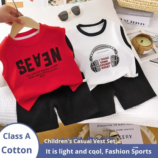 Children's Casual Vest Set Pure Cotton Summer Sleeveless T-Shirt Shorts Korean Version with Wide Shoulders for Boys - Image 4