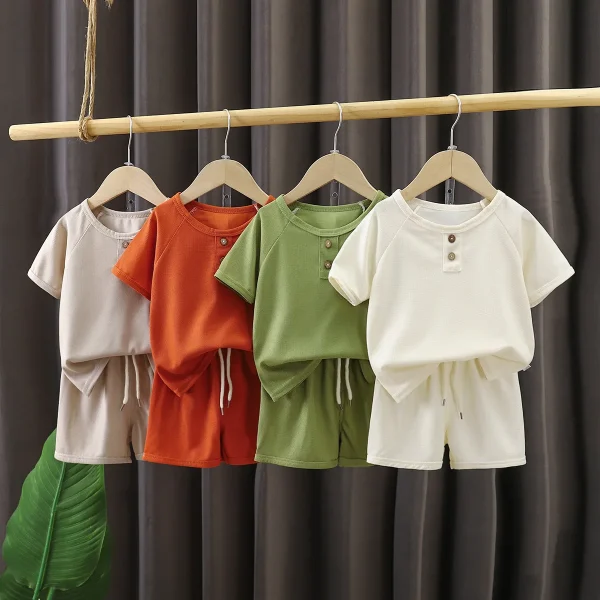 New Summer Casual Korean Style Short-Sleeved Boys' Suit Shorts Jersey Waffle Design Kids' Clothing -Min. Order 2pcs