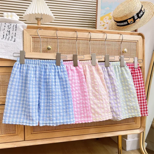Mid-Child Summer Casual Kids' Pants New Boys' & Girls' Home Sleep Shorts in Plaid Cotton Loose Fit for Home Use - Image 3