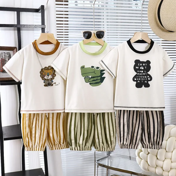 Children's Casual Summer Short Sleeve Suit Capri Pants Western Style Loose Breeches for Boys Baby Clothing Cartoon