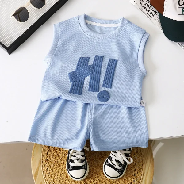 Summer Children's Clothing New Boys' Sleeveless Waffle Vest Set 25 Thin Jersey Denim Fabric Korean for Kids Girls - Image 5