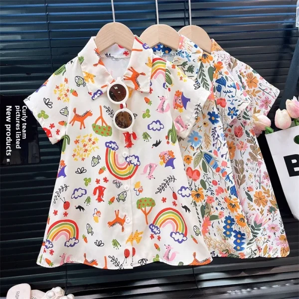 New Fashionable Summer Style Girls' Short Sleeve Shirt Dress Printed Baby Girl Cardigan Availability