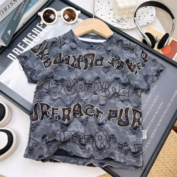 2025 Summer New Boys' Short Sleeve Ripped Fashion T-Shirt High Casual Top for Big Kids Polo Shirts Stripe Cartoon - Image 3