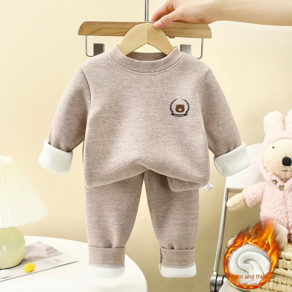 Children's Winter Autumn Thermal Clothing Set Fleece Lined Boys' Underwear Girls' Thickened New Baby Clothes with Solid Pattern - Image 6