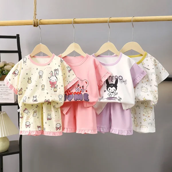 New Summer Collection 100% Cotton Children's Pajamas Suit Girls' Loose Short-Sleeved Shorts Lace Breathable Home Clothes for - Image 2
