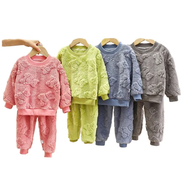 Autumn Winter Flannel Pajamas Set for Kids Casual Home Clothing with Animal Pattern Warm Thickened Fleece Boys Baby New Design