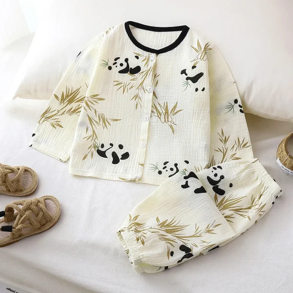 Spring Summer New Kids Clothes Cotton Pajamas Set Children's Gauze Long Sleeve Set Bear Fruit Home Wear Suit - Image 4