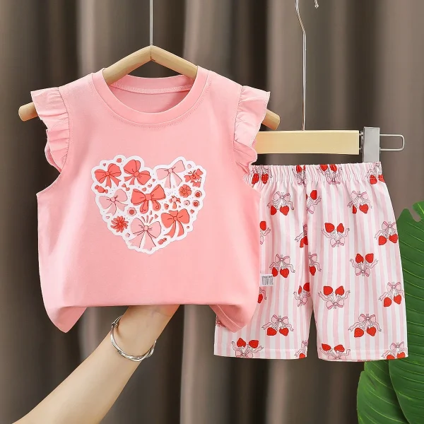 Girls' European American Style Summer Outfit New Style Two-Piece Set Flutter Sleeve Shorts Bows Pure Cotton Short Sleeve Set for - Image 4