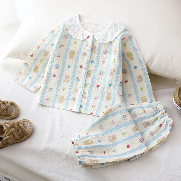 Children Girl Cotton Yarn Double Layer Wrinkled Cotton Boy Kids Home Lounge Wear Clothing Set