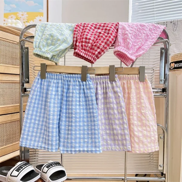 Mid-Child Summer Casual Kids' Pants New Boys' & Girls' Home Sleep Shorts in Plaid Cotton Loose Fit for Home Use - Image 5