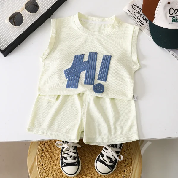 Summer Children's Clothing New Boys' Sleeveless Waffle Vest Set 25 Thin Jersey Denim Fabric Korean for Kids Girls - Image 4