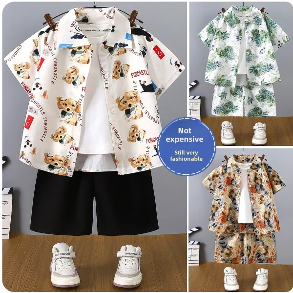 2025 Summer New Harbor Breeze Casual Short Sleeve Shirt Shorts Set for Boys Composed of Jersey for Kids' Wear - Image 5