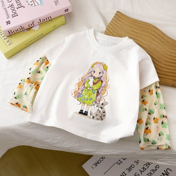 2025 Summer New Style Girls' T-Shirt Sun Protection Sleeve Top Fashionable Baby Outfit Patchwork Children's Clothing- - Image 4