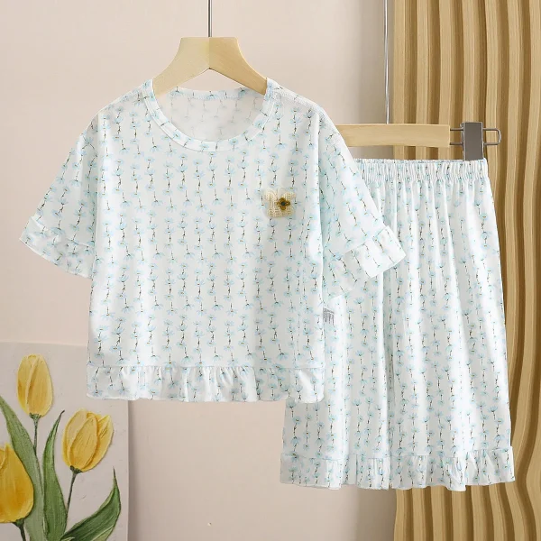 Summer New Girls Boneless Modal Cropped Pants Children's Floral Plaid Pajamas Set Air-Conditioned Home Clothes for Kids - Image 2