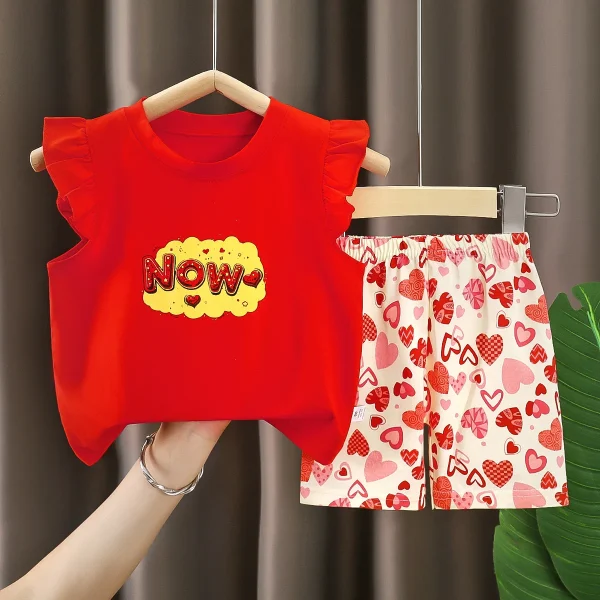 Girls' European American Style Summer Outfit New Style Two-Piece Set Flutter Sleeve Shorts Bows Pure Cotton Short Sleeve Set for - Image 3
