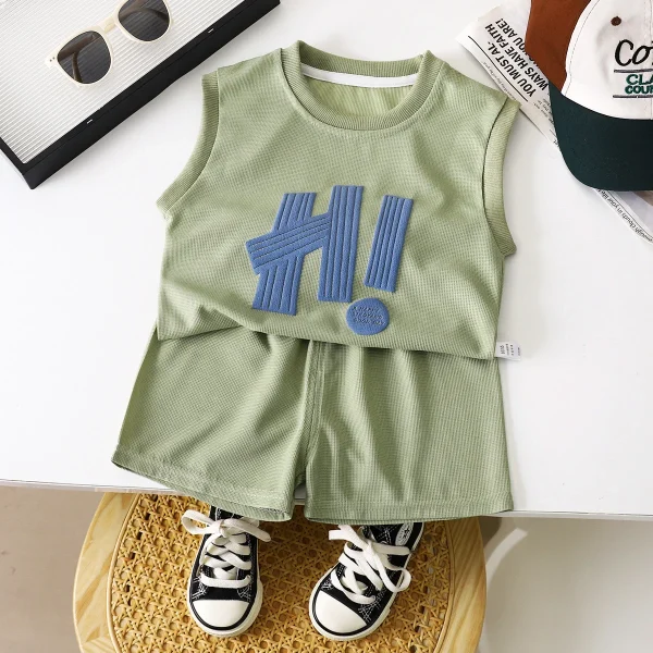 Summer Children's Clothing New Boys' Sleeveless Waffle Vest Set 25 Thin Jersey Denim Fabric Korean for Kids Girls - Image 3