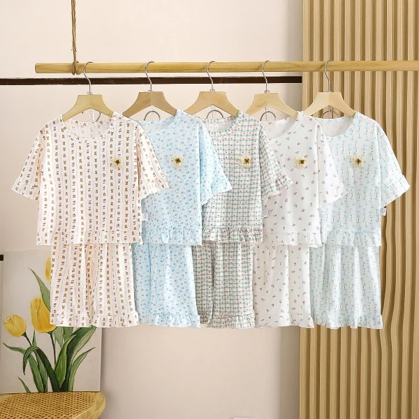 Summer New Girls Boneless Modal Cropped Pants Children's Floral Plaid Pajamas Set Air-Conditioned Home Clothes for Kids
