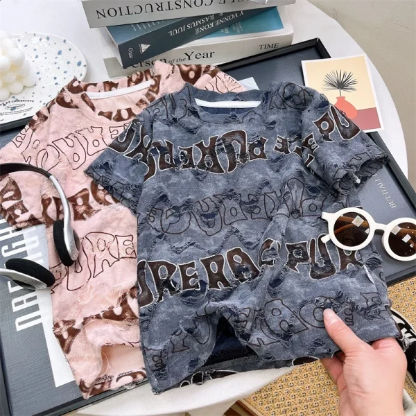 2025 Summer New Boys' Short Sleeve Ripped Fashion T-Shirt High Casual Top for Big Kids Polo Shirts Stripe Cartoon - Image 5