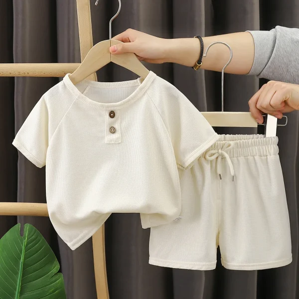 New Summer Casual Korean Style Short-Sleeved Boys' Suit Shorts Jersey Waffle Design Kids' Clothing -Min. Order 2pcs - Image 3