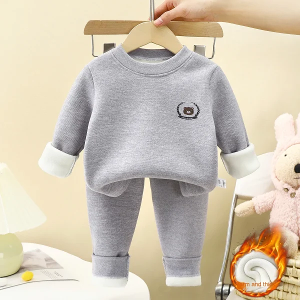 Children's Winter Autumn Thermal Clothing Set Fleece Lined Boys' Underwear Girls' Thickened New Baby Clothes with Solid Pattern - Image 2