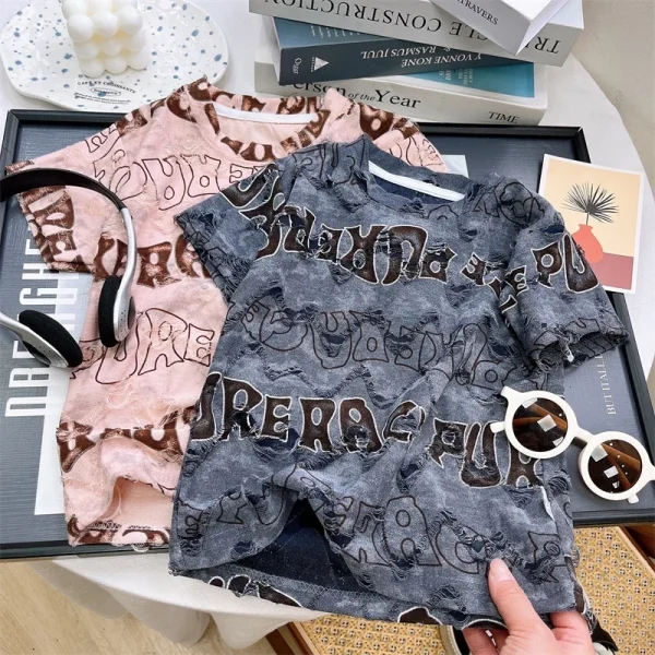 2025 Summer New Boys' Short Sleeve Ripped Fashion T-Shirt High Casual Top for Big Kids Polo Shirts Stripe Cartoon