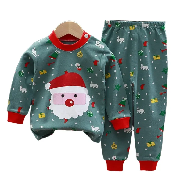Unisex Kids Red Christmas Sleepwear Set 2pcs Long-sleeved Pajamas with Santa Snowman Print 73-130cm Baby Clothing
