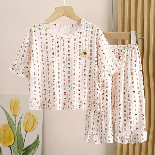 Summer New Girls Boneless Modal Cropped Pants Children's Floral Plaid Pajamas Set Air-Conditioned Home Clothes for Kids - Image 3