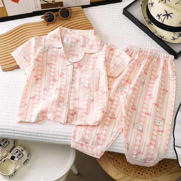 New Summer Thin Short-Sleeved Boys Girls' Casual Pajamas Set Home Clothes for Kids Air-Conditioning Features Comfortable for