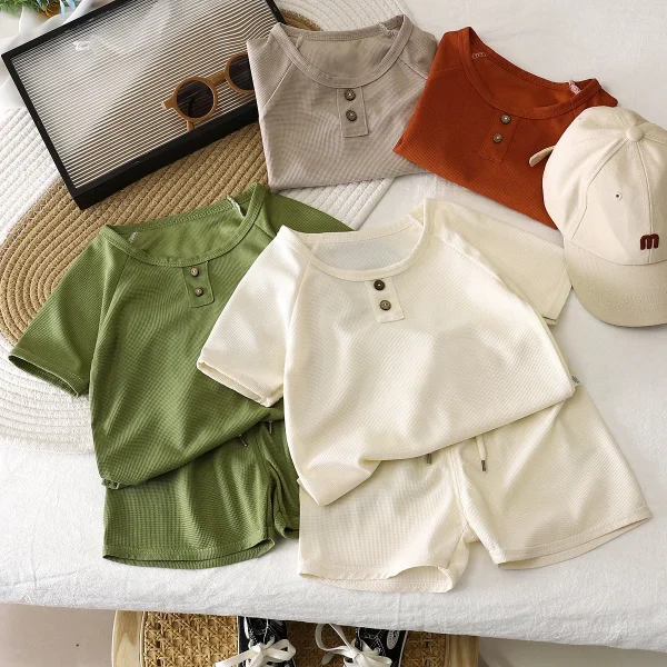 New Arrival 1-7 Years Baby Boys Round Neck Short Sleeve Summer Set Solid Color Boys T-Shrit+Shorts 2pcs Set - Image 2