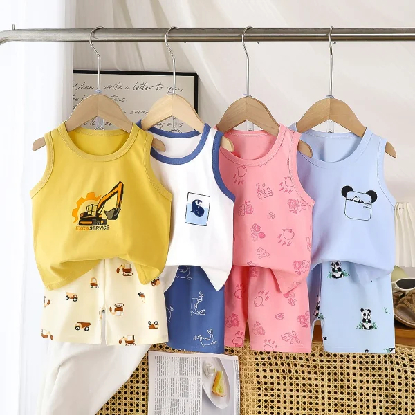 Summer Cotton Vest Set for Boys and Girls Casual 100% Cotton Pajamas Summer Children's Clothing - Image 2