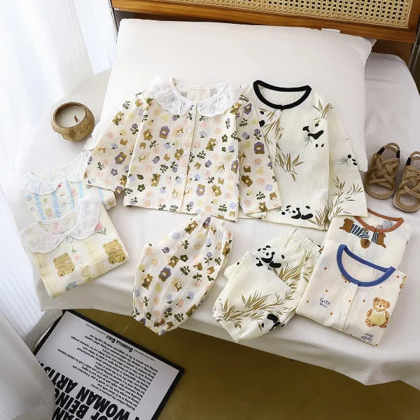 2025 Summer New Release Children's Cotton Yarn Pajamas Set Boys Girls Long Sleeve Home Clothes Cartoon Knitted