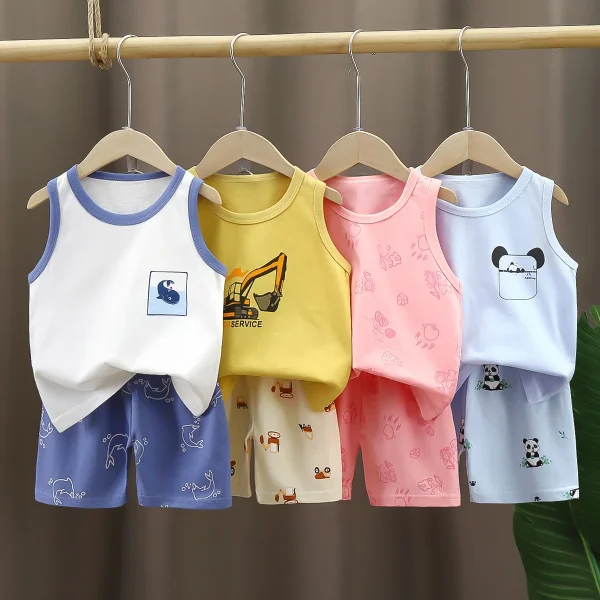 s 100% Cotton Kids Boy Clothes Two Piece Sets Sleeveless Vest Shorts Summer Breathable Children Clothing Girls Sets