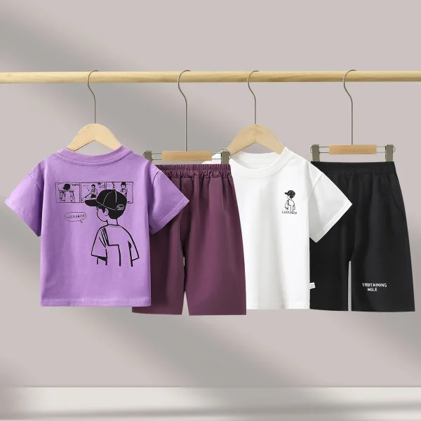 2025 Boys Summer Casual Short-Sleeved Suit Trendy Loose Cartoon T-Shirt & Shorts Children's Wear with Pattern