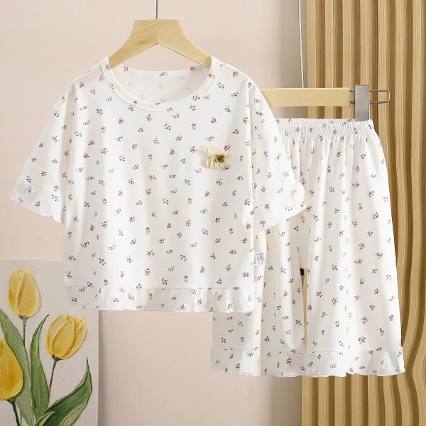 Summer New Girls Boneless Modal Cropped Pants Children's Floral Plaid Pajamas Set Air-Conditioned Home Clothes for Kids - Image 6