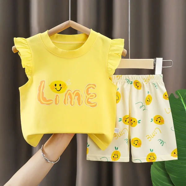 Girls' European American Style Summer Outfit New Style Two-Piece Set Flutter Sleeve Shorts Bows Pure Cotton Short Sleeve Set for - Image 6
