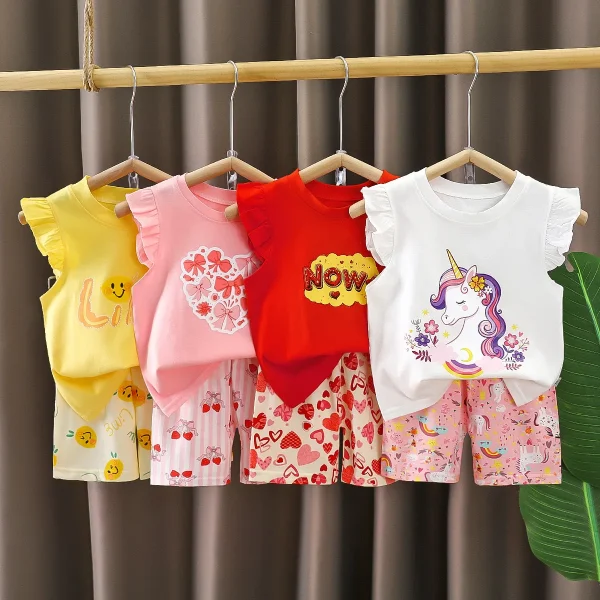 Designs Children Suits Cotton Kids 2 Piece Sets Girls Knitted Short Flying Sleeve Baby Girl Clothing Sets - Image 2
