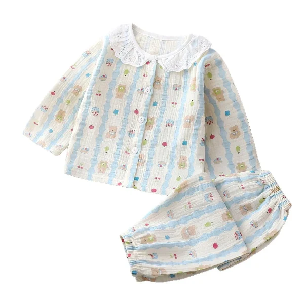 2025 Summer New Release Children's Cotton Yarn Pajamas Set Boys Girls Long Sleeve Home Clothes Cartoon Knitted - Image 5
