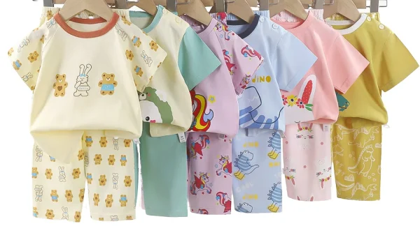 100% Cotton Baby Clothing Sets 2pcs Short Sleeve T-Shirt & Long Pants Soft Summer Kids Pajamas with Cartoon Pattern