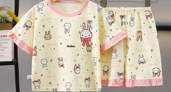 New Summer Collection 100% Cotton Children's Pajamas Suit Girls' Loose Short-Sleeved Shorts Lace Breathable Home Clothes for