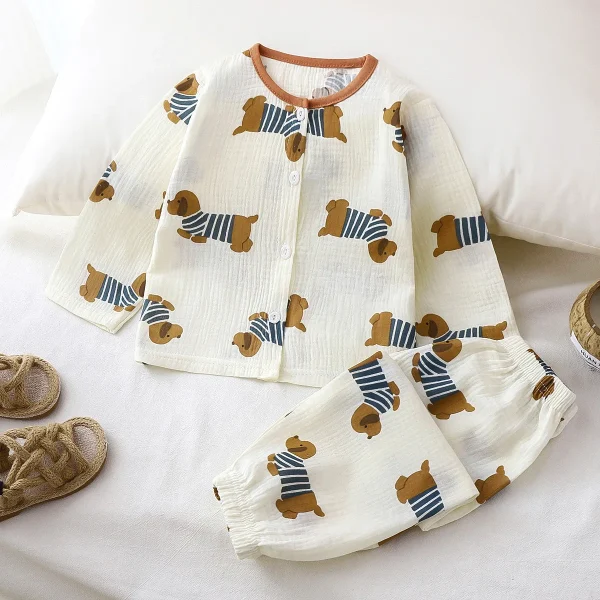 Children Girl Cotton Yarn Double Layer Wrinkled Cotton Boy Kids Home Lounge Wear Clothing Set - Image 3