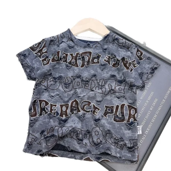 2025 Summer New Boys' Short Sleeve Ripped Fashion T-Shirt High Casual Top for Big Kids Polo Shirts Stripe Cartoon - Image 2
