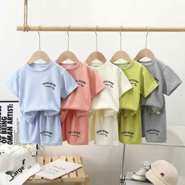 2025 Summer Short-Sleeved Suit for Kids New Korean Style Casual T-Shirt Letter Pattern Boys and Girls' Clothing