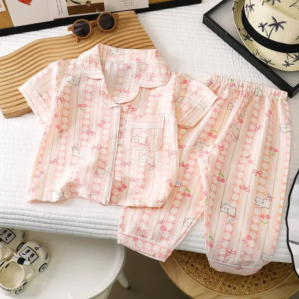 Children Short Sleeve Cardigan Home Wear Boys and Girls Lapel Cartoon Printed Pyjamas Child Casual Pajamas - Image 5