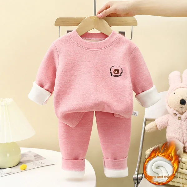 Children's Winter Autumn Thermal Clothing Set Fleece Lined Boys' Underwear Girls' Thickened New Baby Clothes with Solid Pattern - Image 3