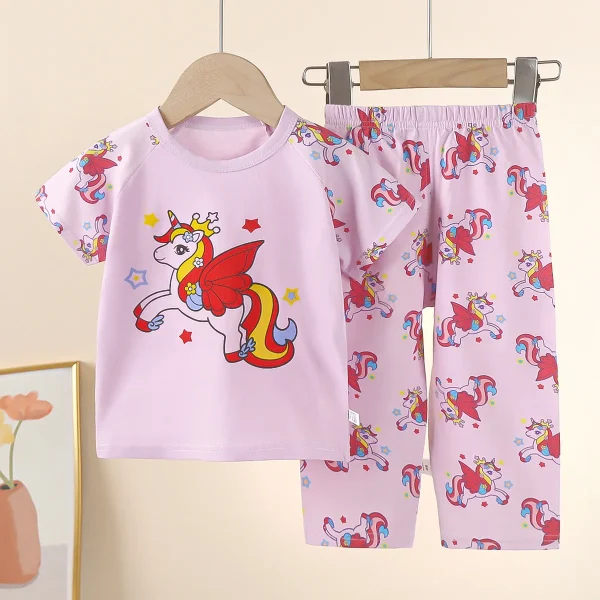 Children's Summer air Conditioning Clothing Short Sleeve Trousers Combination Medium and Large Children Cotton Underwear Set