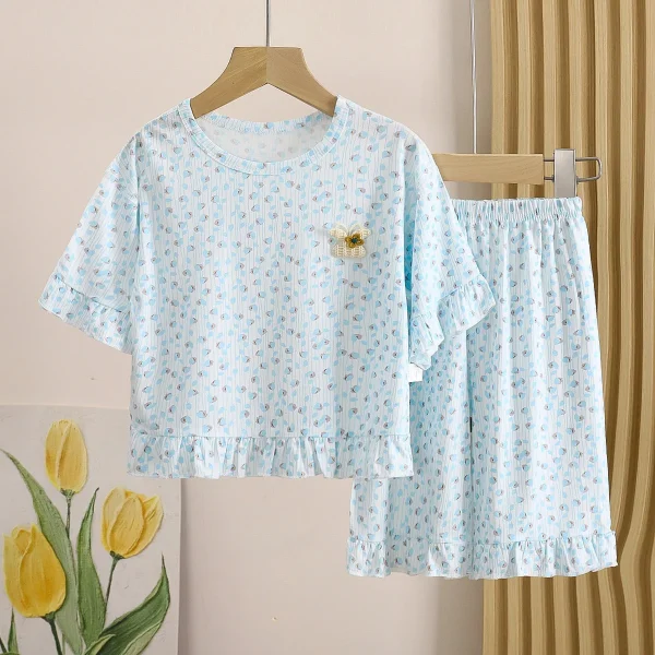 Summer New Girls Boneless Modal Cropped Pants Children's Floral Plaid Pajamas Set Air-Conditioned Home Clothes for Kids - Image 4