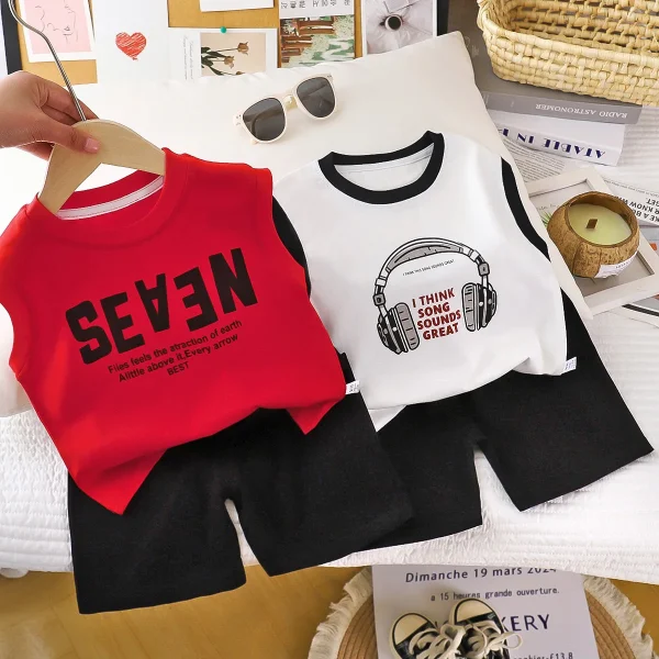Children's Casual Vest Set Pure Cotton Summer Sleeveless T-Shirt Shorts Korean Version with Wide Shoulders for Boys