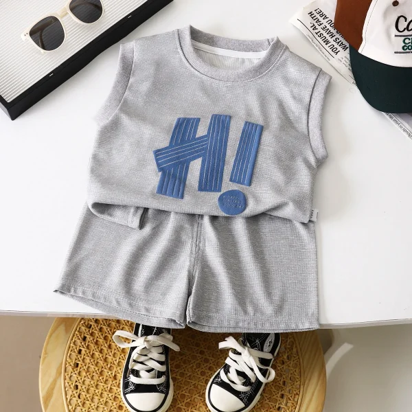 Summer Children's Clothing New Boys' Sleeveless Waffle Vest Set 25 Thin Jersey Denim Fabric Korean for Kids Girls